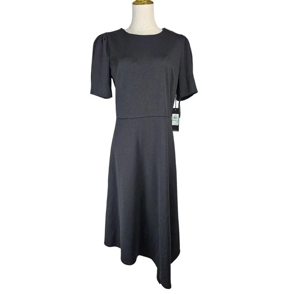 Karl Lagerfeld Paris Dress Womens 8 Black Asymmetrical Hem Puff Sleeve Midi NWT - Picture 2 of 8